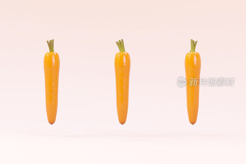 3D胡萝卜对象在白色孤立的背景。3D插图橙色胡萝卜，三个橙色胡萝卜的背景。胡萝卜悬在空中。3 d图形